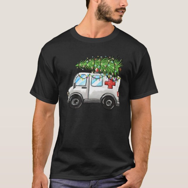 Ambulance Car Christmas Tree Lights EMT EMS T-Shirt (Front)