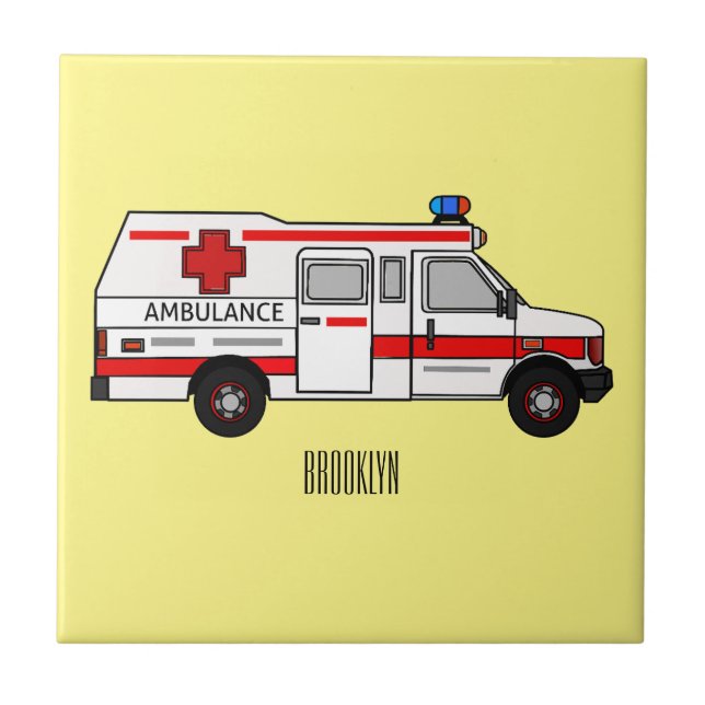 Ambulance cartoon illustration ceramic tile (Front)