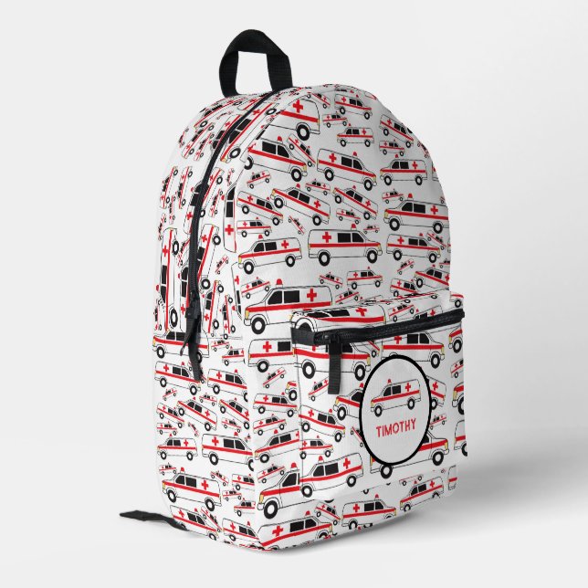 Ambulance Pattern Custom Name School Printed Backpack (Back Corner Left)
