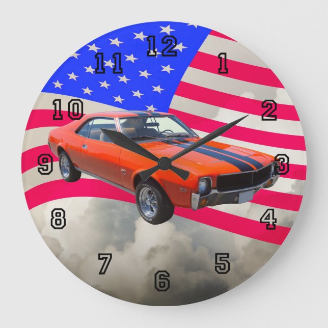 AMC Javlin  Classic Car With American Flag Large Clock (Front)
