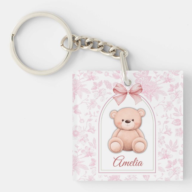 Amelia | Custom Pink Teddy Bear Nursery Design  Key Ring (Front)