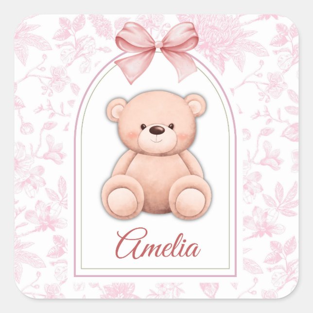 Amelia | Custom Pink Teddy Bear Nursery Design  Square Sticker (Front)