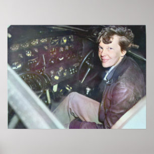 Amelia Earhart Candid Aeroplane Cockpit Colourized Poster