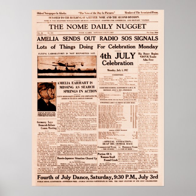 Amelia Earhart Missing Full Page Newspaper 1937 Poster (Front)