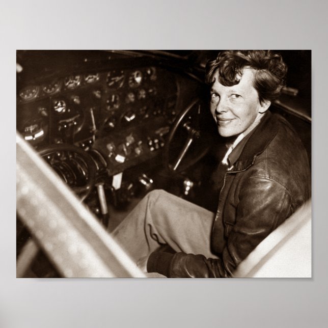 Amelia Earhart Sitting In Aeroplane Cockpit Poster (Front)
