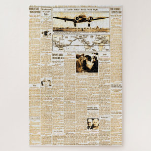 Amelia Earhart Vintage Newspaper Story Sepia Jigsaw Puzzle