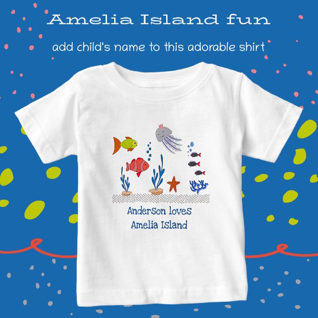 Amelia Island FL Fun Ocean Fish with Child's Name Baby T-Shirt (Cute Vacation Souvenir with name.)