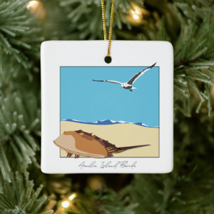 Amelia Island, FL Horseshoe Crab Sea Gull Beach Ceramic Ornament