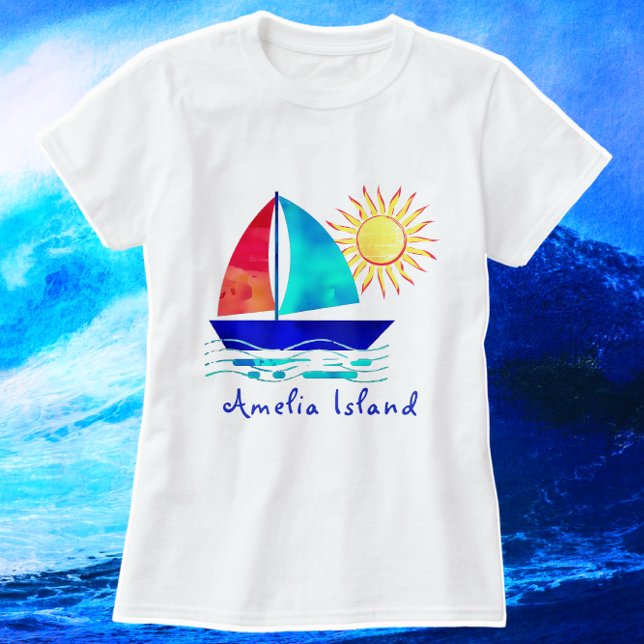 Amelia Island Florida Vacation Watercolor Sailboat T-Shirt (Beautiful Amelia Island Sun and Sail Vacation shirt. Color choices available.)