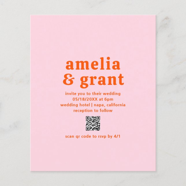Amelia Orange Pink Modern Wedding Invitation Flyer (Front)