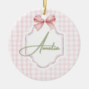 Amelia Personalized Pink Bow & Gingham Print Ceramic Ornament