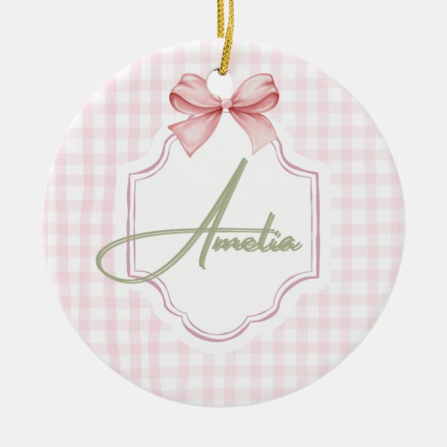 Amelia Personalized Pink Bow & Gingham Print  Ceramic Ornament (Front)