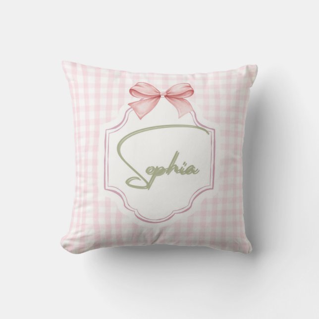 Amelia Personalized Pink Bow & Gingham Print  Cushion (Front)