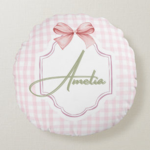 Amelia Personalized Pink Bow & Gingham Print Round Cushion