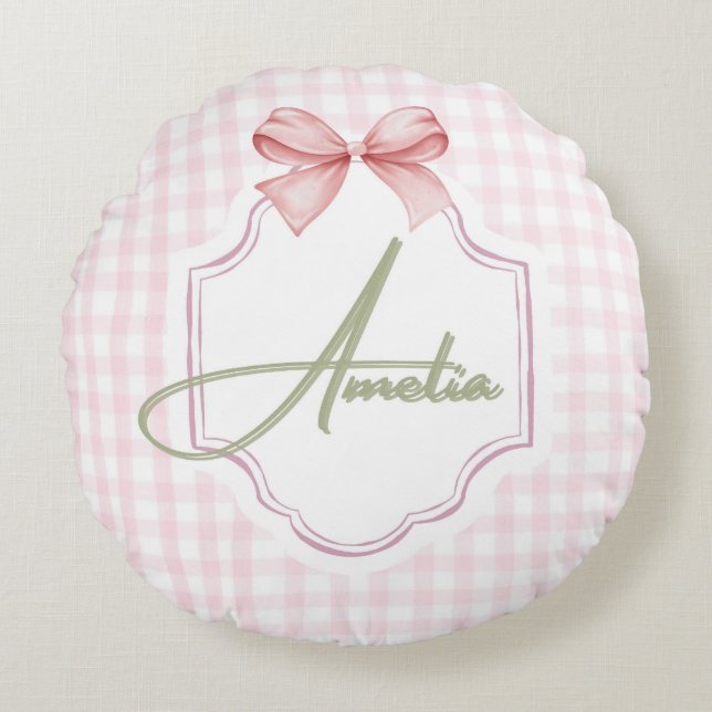 Amelia Personalized Pink Bow & Gingham Print  Round Cushion (Front)