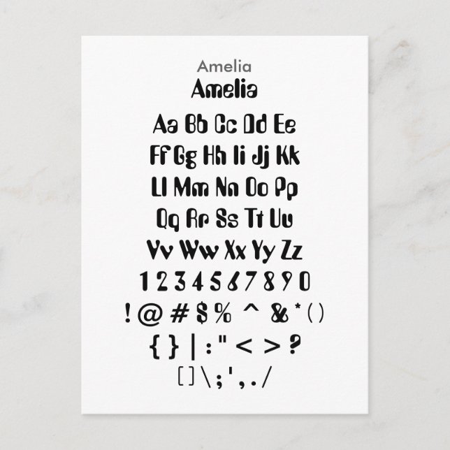 Amelia - Zazzle Font Sampler Sheet Postcard (Front)