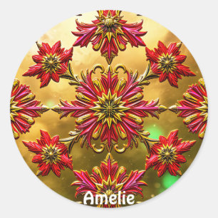 AMELIE ~ Shiny Red Gold Black Christmas ~ Classic Round Sticker
