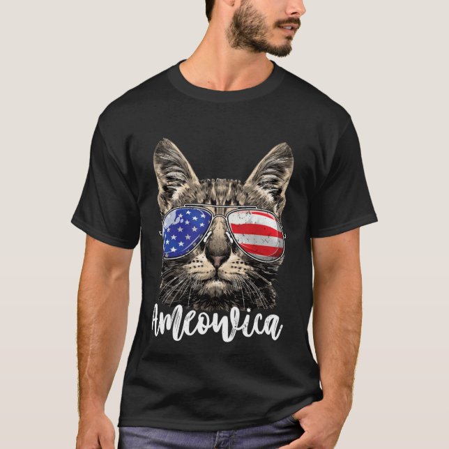 Ameowica Cat American Flag USA 4th of July Men Wom T-Shirt (Front)