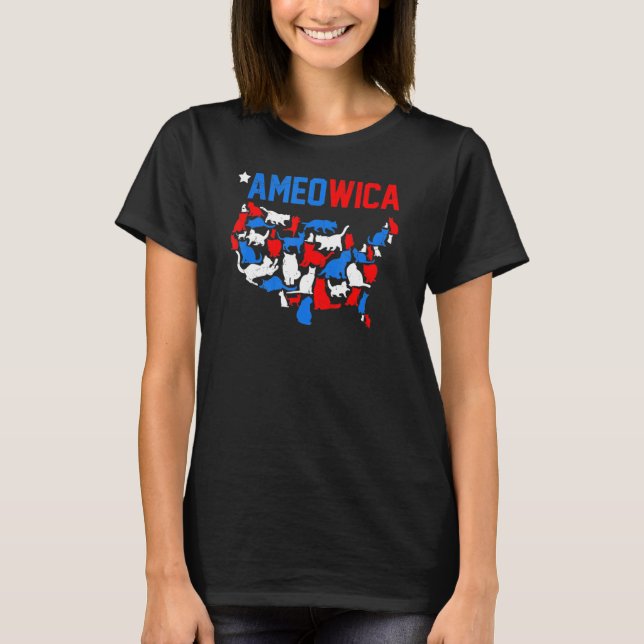 Ameowica Red White Blue Cats In America Map 4th Of T-Shirt (Front)