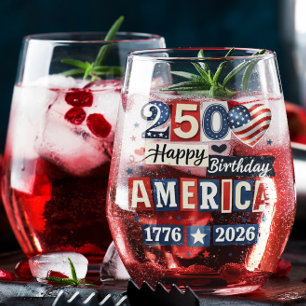 America 250 Happy Birthday   4th July 2026 Stemless Wine Glass