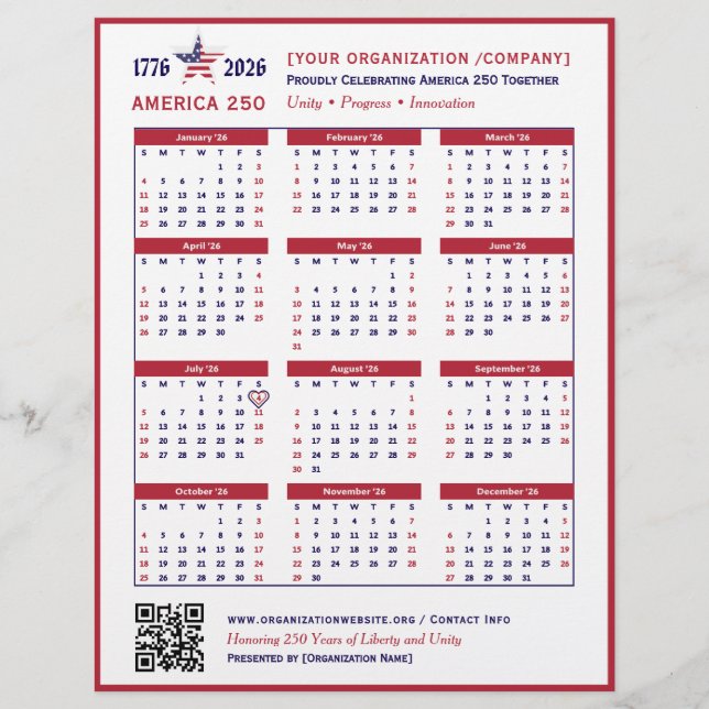 America 250 Patriotic Red 2026 Calendar Keepsake Flyer (Front)