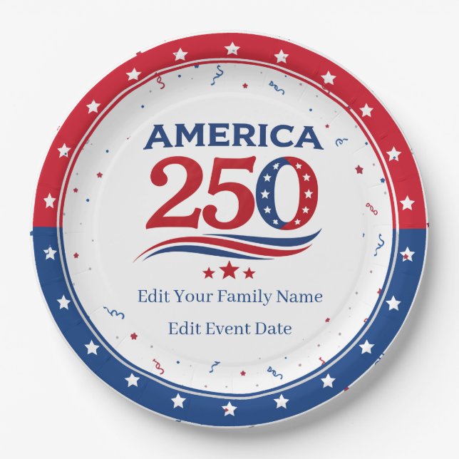 AMERICA 250 - Personalized Reunion Red White Blue Paper Plate (Front)