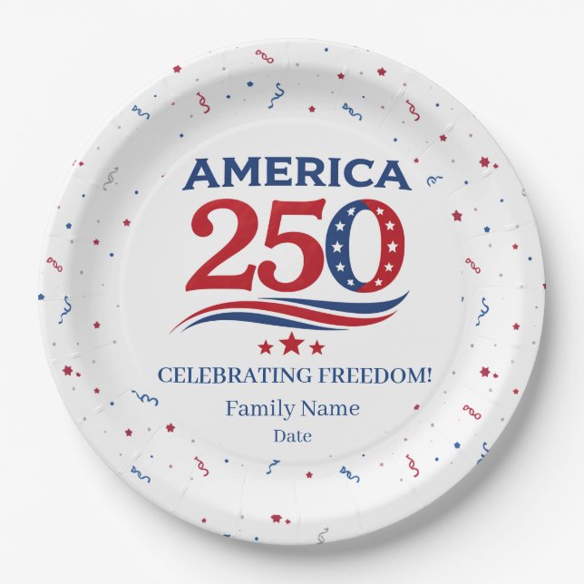 AMERICA 250 - Personalized Reunion Red White Blue Paper Plate (Front)