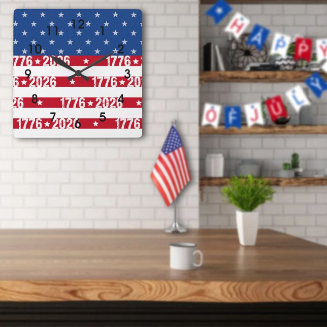 America 250 Stars & Stripes 1776 2026 Numbers Square Wall Clock (Creator Uploaded)