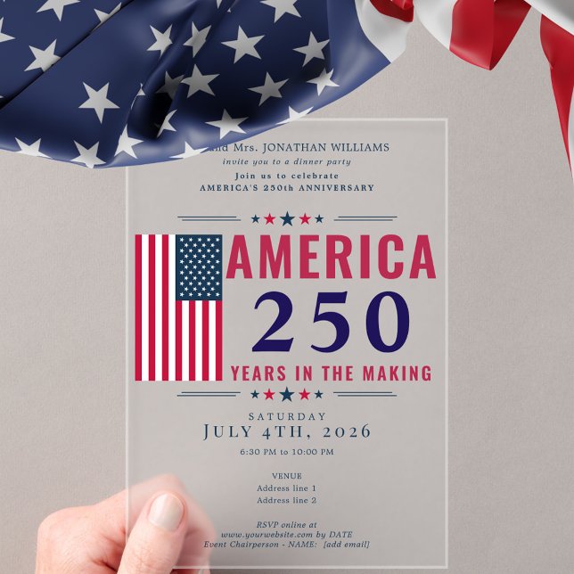 America 250 USA Flag Patriotic 4th of July Formal Acrylic Invitations (America 250th Semiquincentennial Anniversary July Fourth 2026 Fundraiser Gala Party)