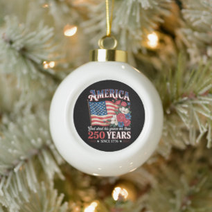 America 250 Years Flag Floral Ceramic Ball Christmas Ornament