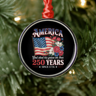 America 250 Years Flag Floral Metal Ornament