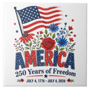 America 250 Years of Freedom Floral Flag Ceramic Tile