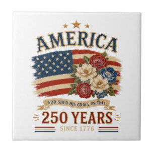 America 250 Years Since 1776 Patriotic Floral Flag Ceramic Tile