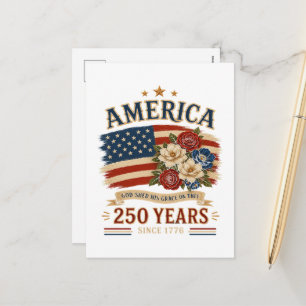 America 250 Years Since 1776 Patriotic Floral Flag Holiday Postcard