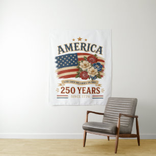 America 250 Years Since 1776 Patriotic Floral Flag Tapestry