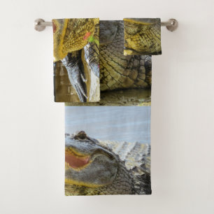America alligator closeup. Face to face  Bath Towel Set