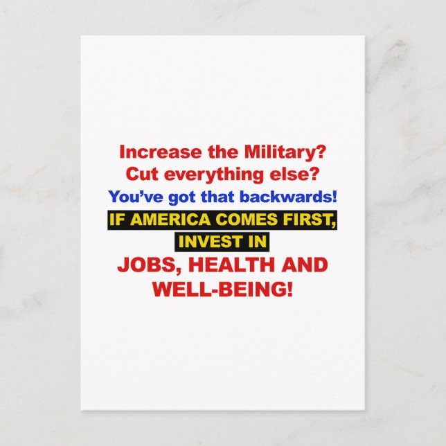 America Comes First? Then Invest Jobs, Healthcare Postcard (Front)