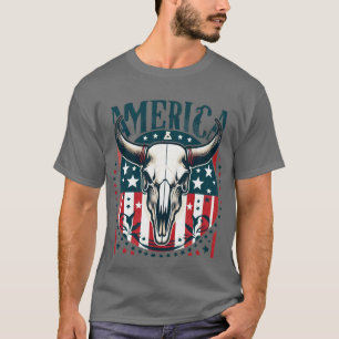 America Cow Skull 4th of July Flag T-Shirt