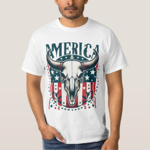 America Cow Skull 4th of July Flag T-Shirt
