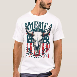 America Cow Skull 4th of July Flag T-Shirt