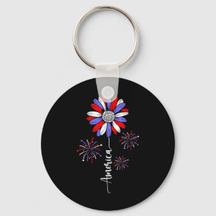 America Daisy Flower 4th Of July Independence Day Key Ring