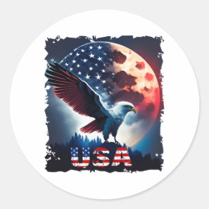 America eagle under Moon with American Flag Classic Round Sticker
