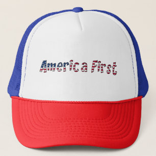 America First American Flag Typography Patriotic Trucker Hat