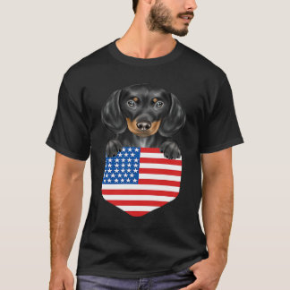 America Flag Black Dachshund Dog In Pocket T-Shirt