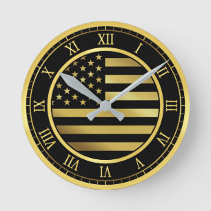 America Flag Gold Round Clock