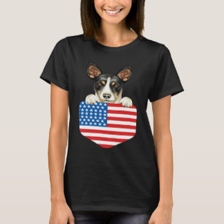 America Flag Rat Terrier Dog In Pocket T-Shirt