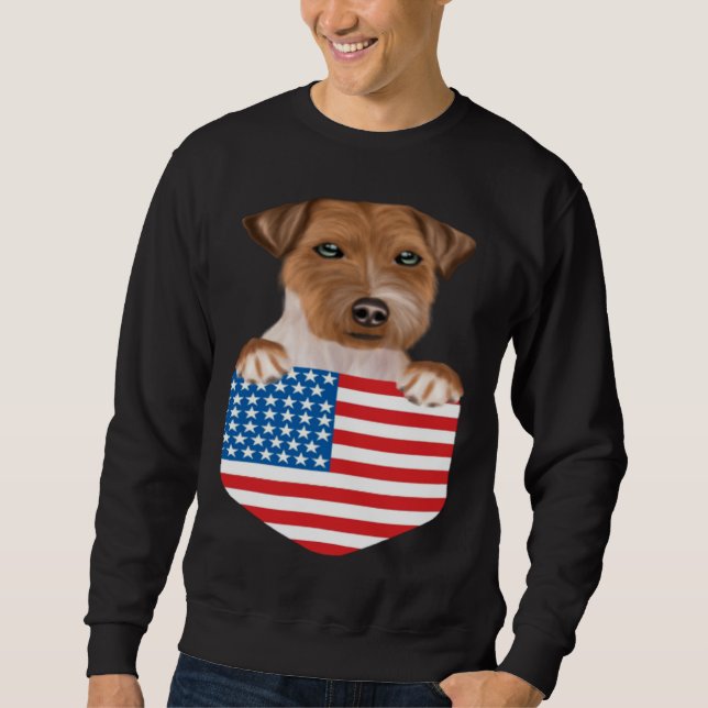 America Flag Russell Terrier Dog In Pocket Sweatshirt (Front)