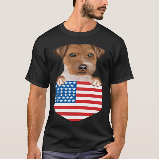 America Flag Russell Terrier Dog In Pocket T-Shirt (Front)