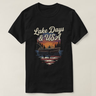 America flag USA: Lake Days Patriotic Fishing Boat T-Shirt
