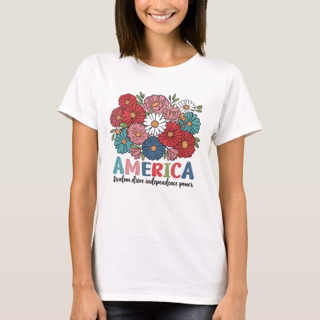 America Floral Patriotic Retro Flower Design T-Shirt (Front)